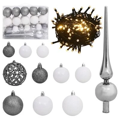 VidaXL 61 Piece Christmas Ball Set With Peak And 150 LEDs White&Gey 3 VidaXL 61 Piece Christmas Ball Set With Peak And 150 LEDs White&Gey