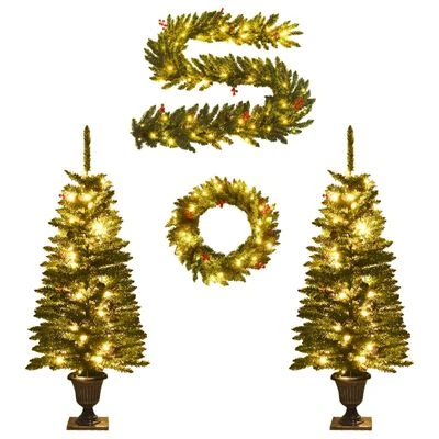VidaXL Artificial Christmas Trees 2 Pcs With Wreath, Garland And LEDs 3 VidaXL Artificial Christmas Trees 2 Pcs With Wreath, Garland And LEDs